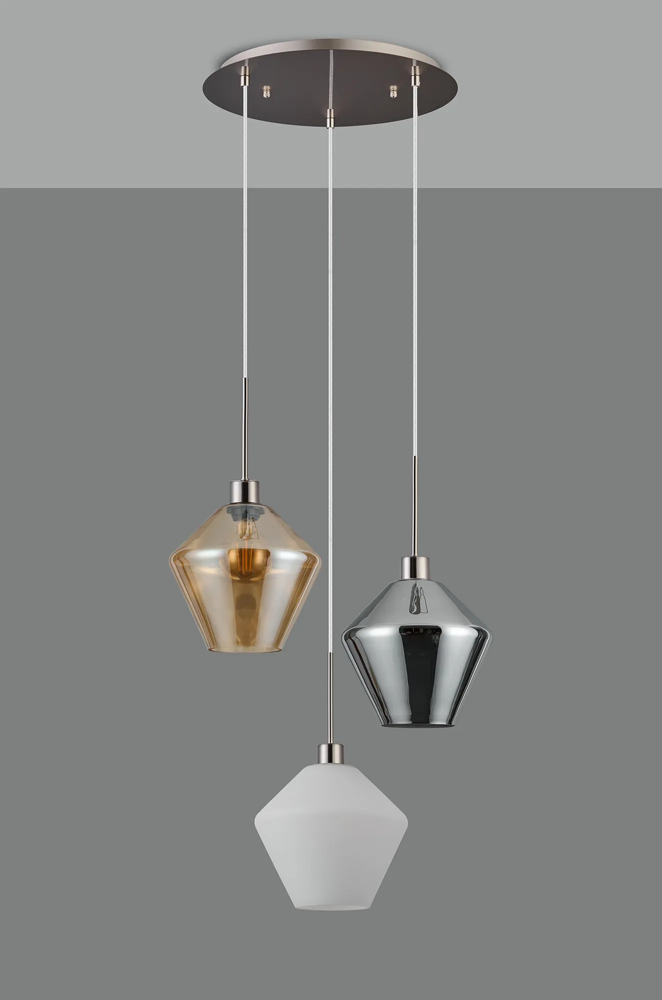 Lori 40cm Round Pendant, 3 Light Adjustable E27, Satin Nickel/Amber/Chrome/Opal Diamond Shades DK1374  Deco Lori Satin Nickel